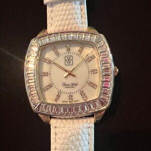 Victoria Wieck Metallic Silver Women's Watch with Crystal Baguettes Accent NEW